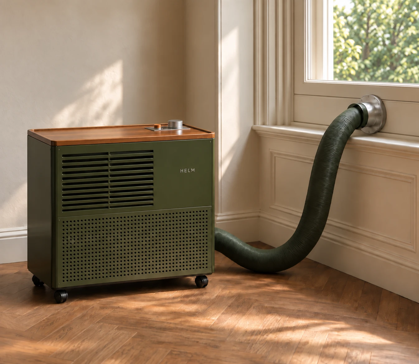 HELM One in a sunlit room beside a sash window, its hose running to the porthole, shown in the body, top and hose you pick here