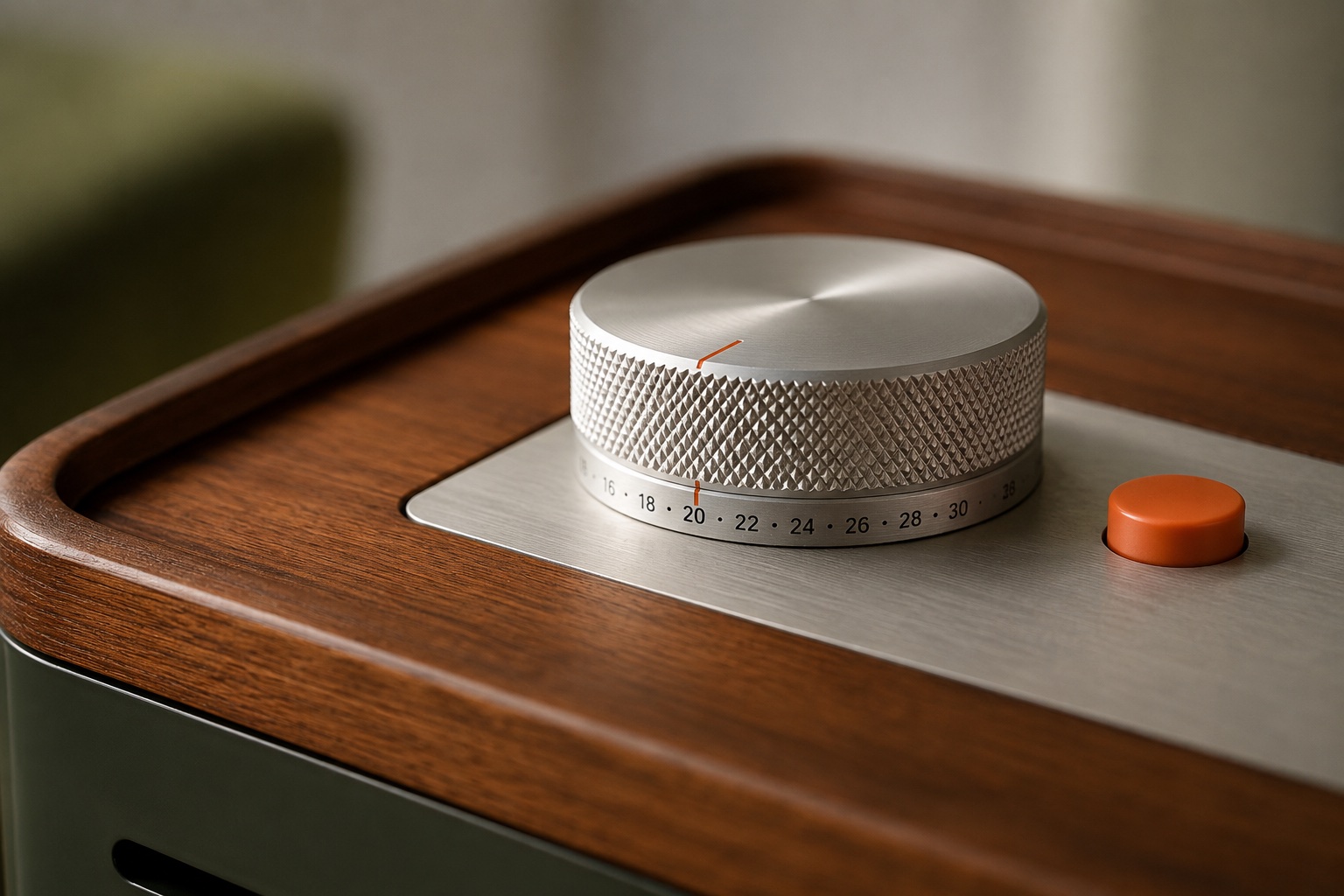 The machined aluminium crown and its numbered temperature ring on the walnut deck, the orange key alongside