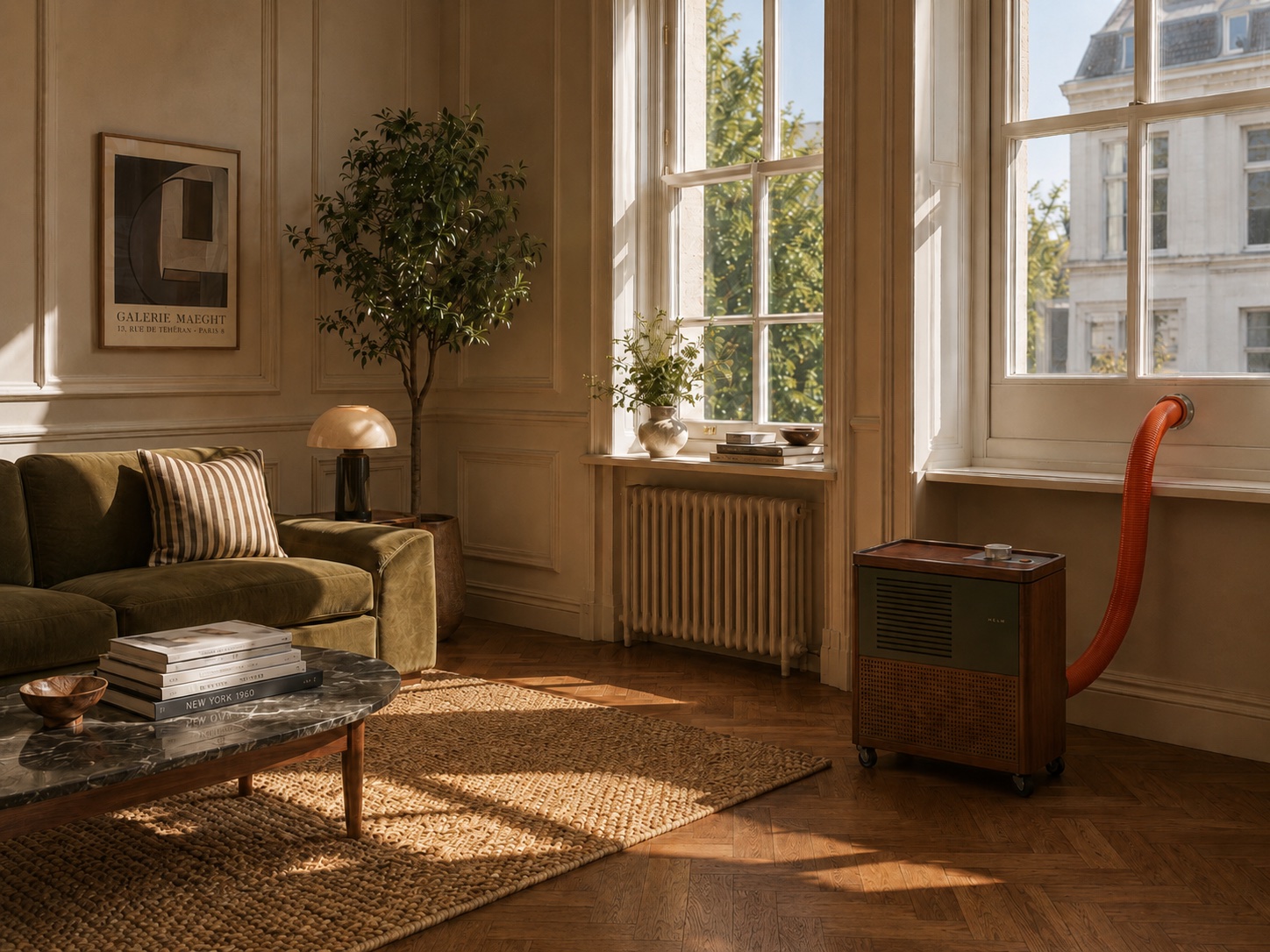 HELM One in a period living room, its signal-orange line running in one curve from the cabinet to the porthole in the sash window