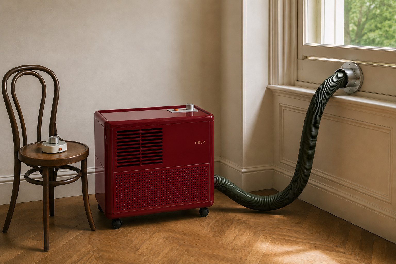 HELM One in Red cooling a sunlit room, its green line running along the skirting to the porthole in the window