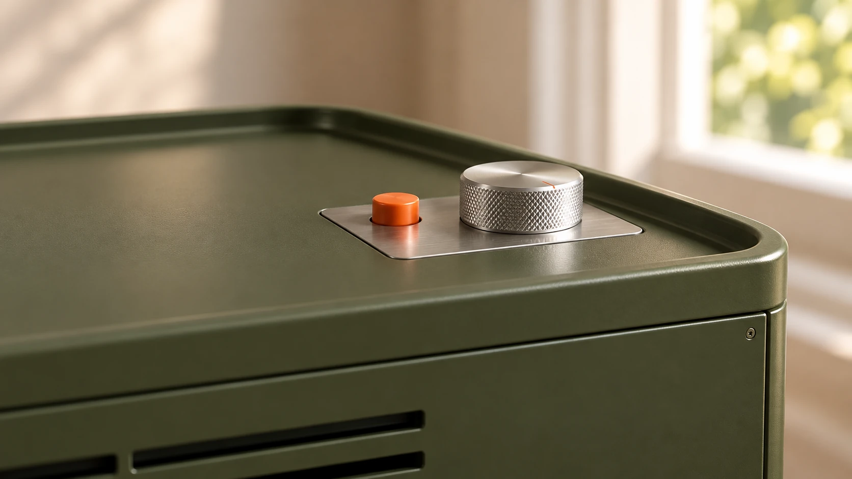The silver aluminium dial and orange button on HELM One's satin green tray top