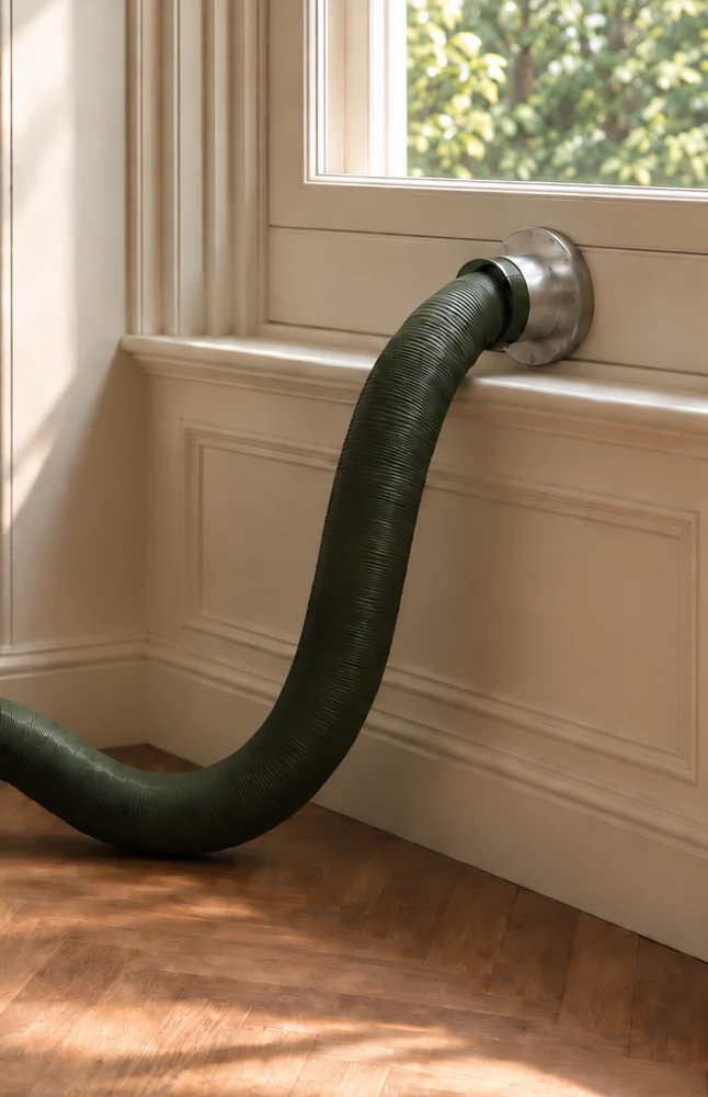 The green ribbed hose rising from the floor and locked into the aluminium porthole in a closed sash window