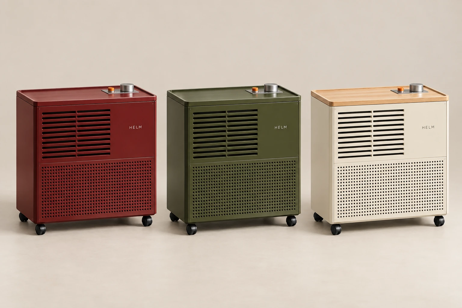 Three HELM One cabinets on castors: full red, full Lamp Green with a satin metal top, and cream with an oak top