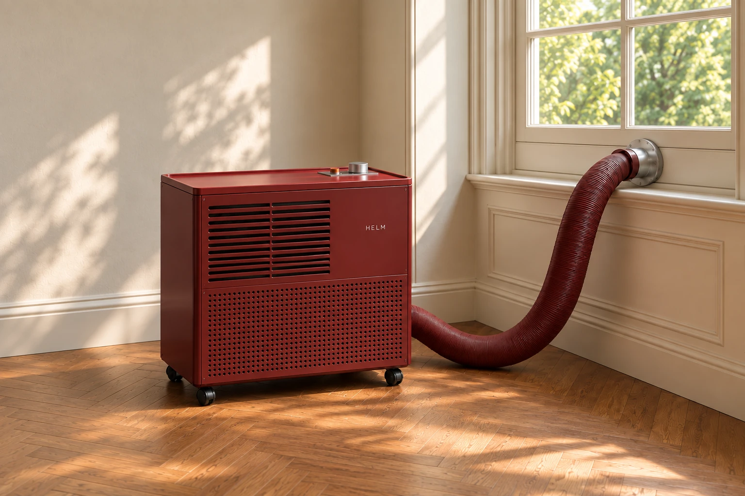 HELM One in full red with a matching satin metal top and a red ribbed hose, in a sunlit room