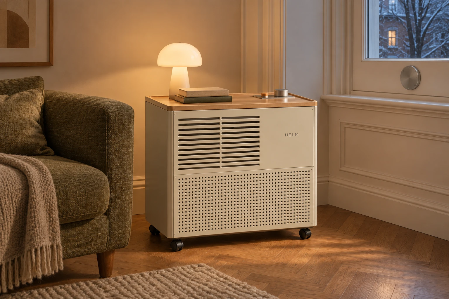 HELM One in cream with a pale oak top beside an olive sofa, a small lamp and books on top; the hose is off for winter