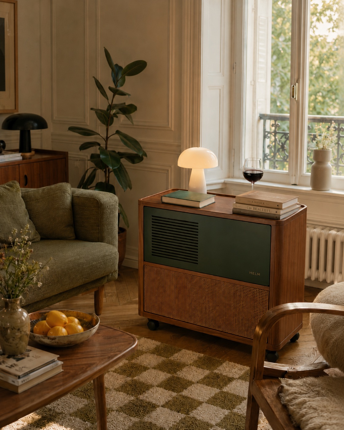 HELM One in Lamp Green as a side table in the evening, a lamp, books and a glass of wine on its walnut top