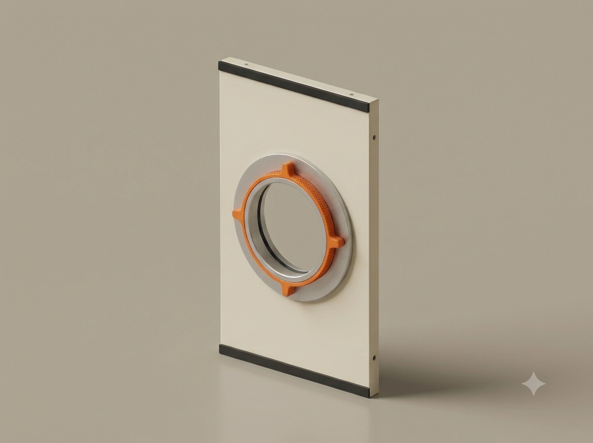 The Fitting — a made-to-measure cream window panel with the machined aluminium porthole and orange locking ring