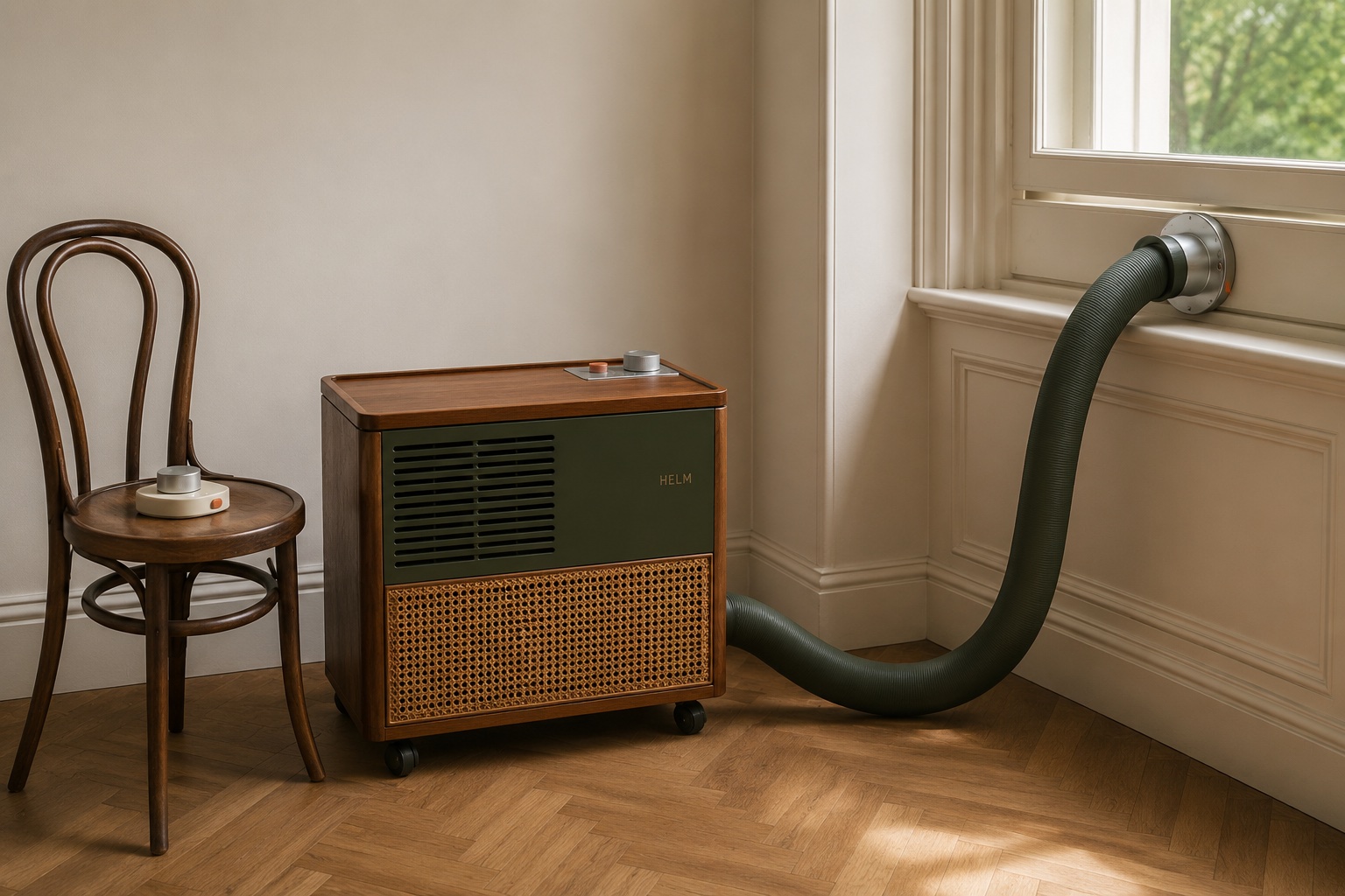 HELM One in a period living room, its line rising to the porthole in the sash window, shown in the wood, panel, grille and line you pick here