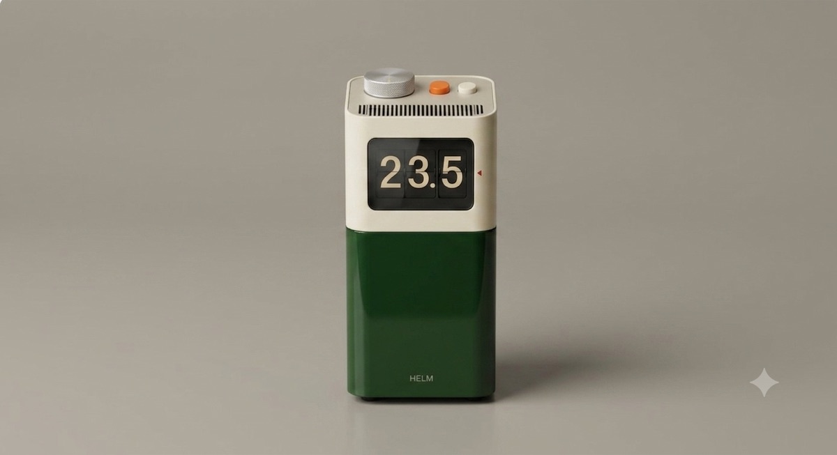 HELM One in Lamp Green with the cream deck, knurled crown, orange pill key and split-flap display reading 23.5