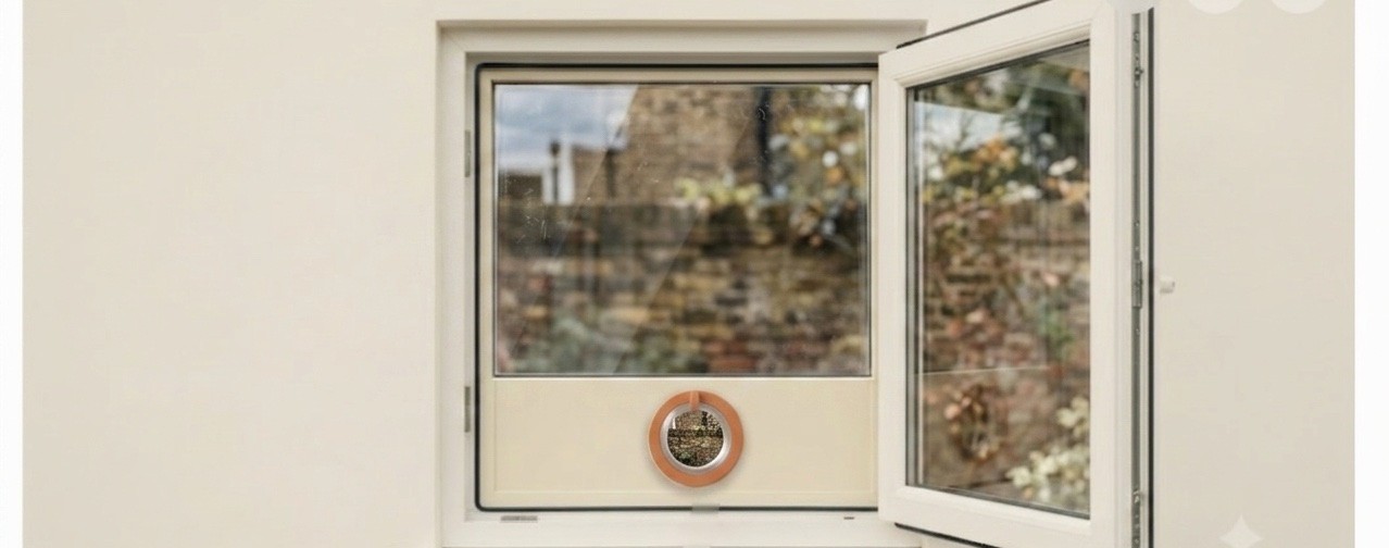 A HELM Fitting fitted into a side-hung casement window standing open, the porthole and orange ring in the lower cream panel