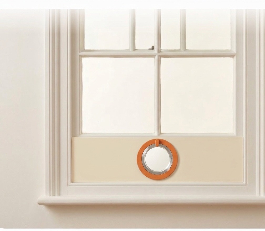 A HELM Fitting fitted into the lower opening of a Georgian sash window, its machined porthole and orange locking ring set in the cream panel