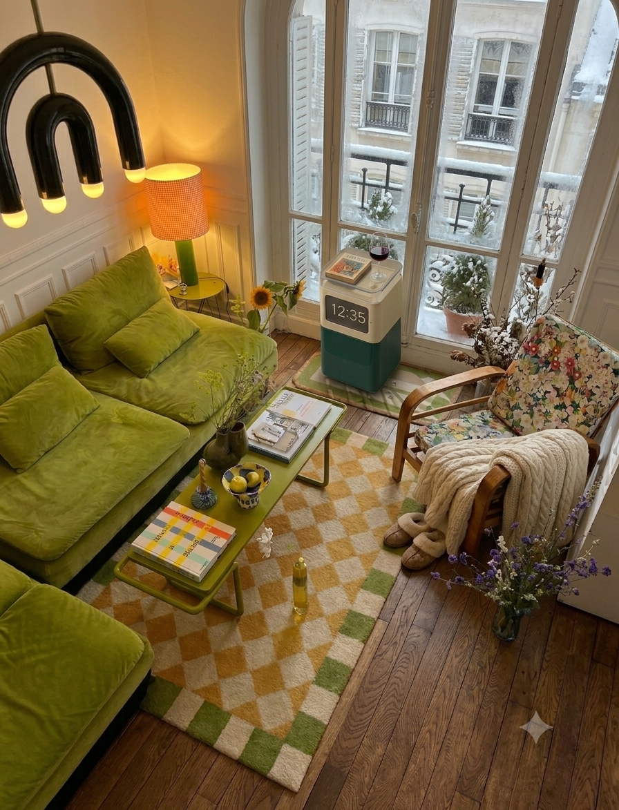 HELM One in Lamp Green wintered as a side table by a French window, its split-flap face reading 12:35, in a Parisian living room with a green velvet sofa and a green-and-cream checkerboard rug