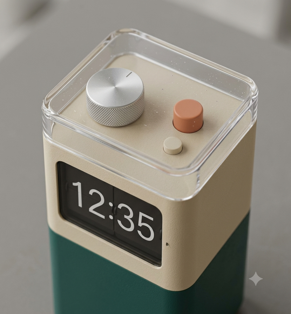 Top-deck close-up of HELM One — the clear Winter Top cap over the knurled aluminium crown and orange pill key, split-flap face reading 12:35